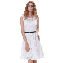 Grace Karin Women Sleeveless Crew Neck Floral Lace Flared A-Line White Dress With Black Belt CL010422-2